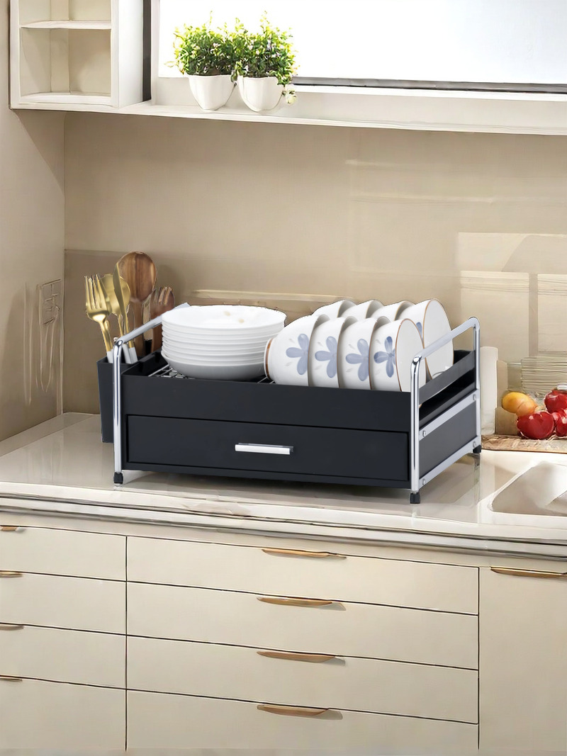 Multifunctional iron single-layer dish storage rack with drawer.jpg