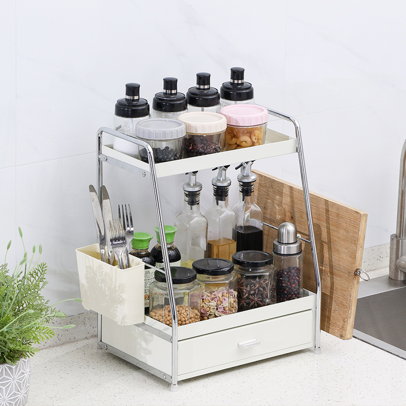 Spice Rack Organizer for Cabinet Multi-functional Metal Home Kitchen Counter Top 2-Tier Spice Rack with Drawer